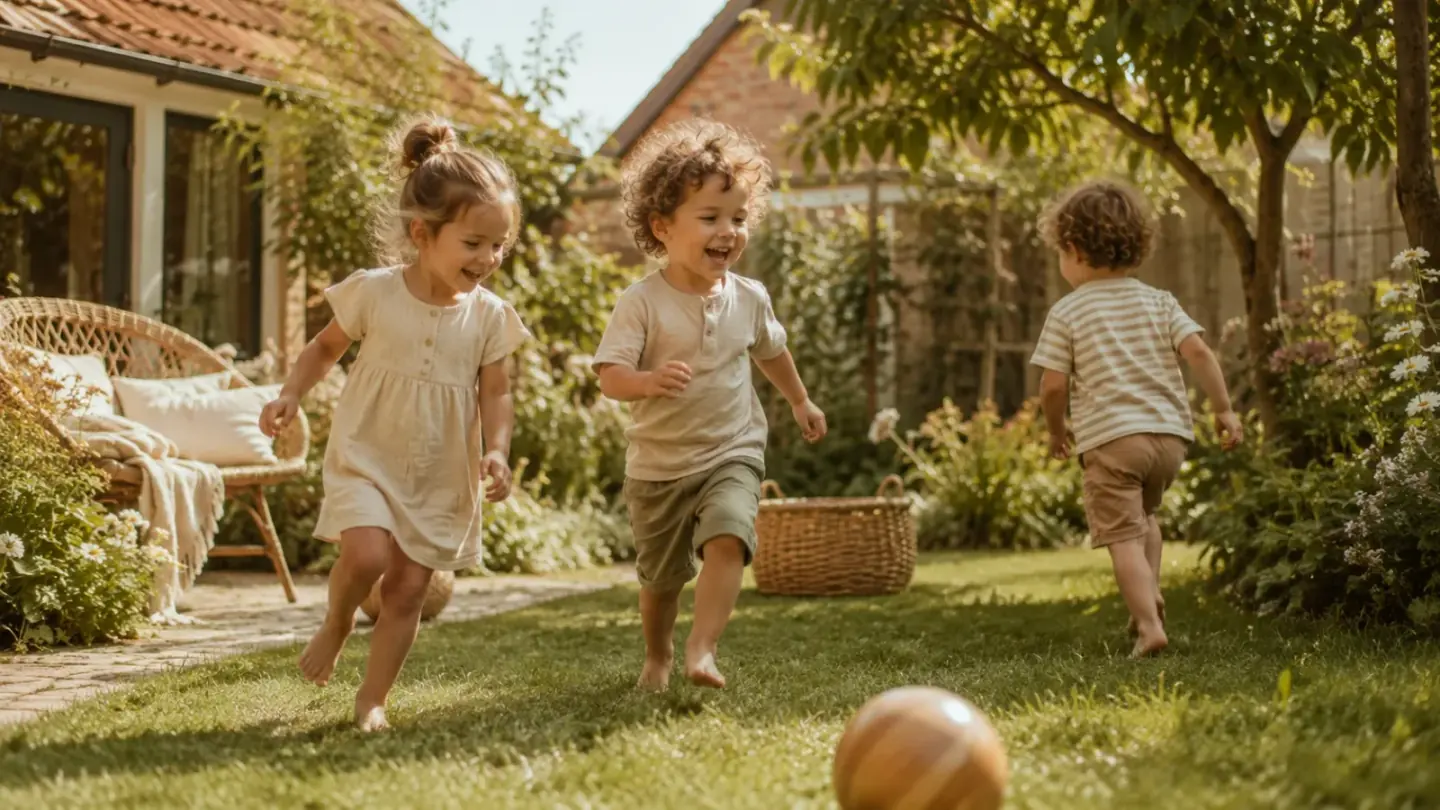 Jonge kinderen spelen lachend in de tuin