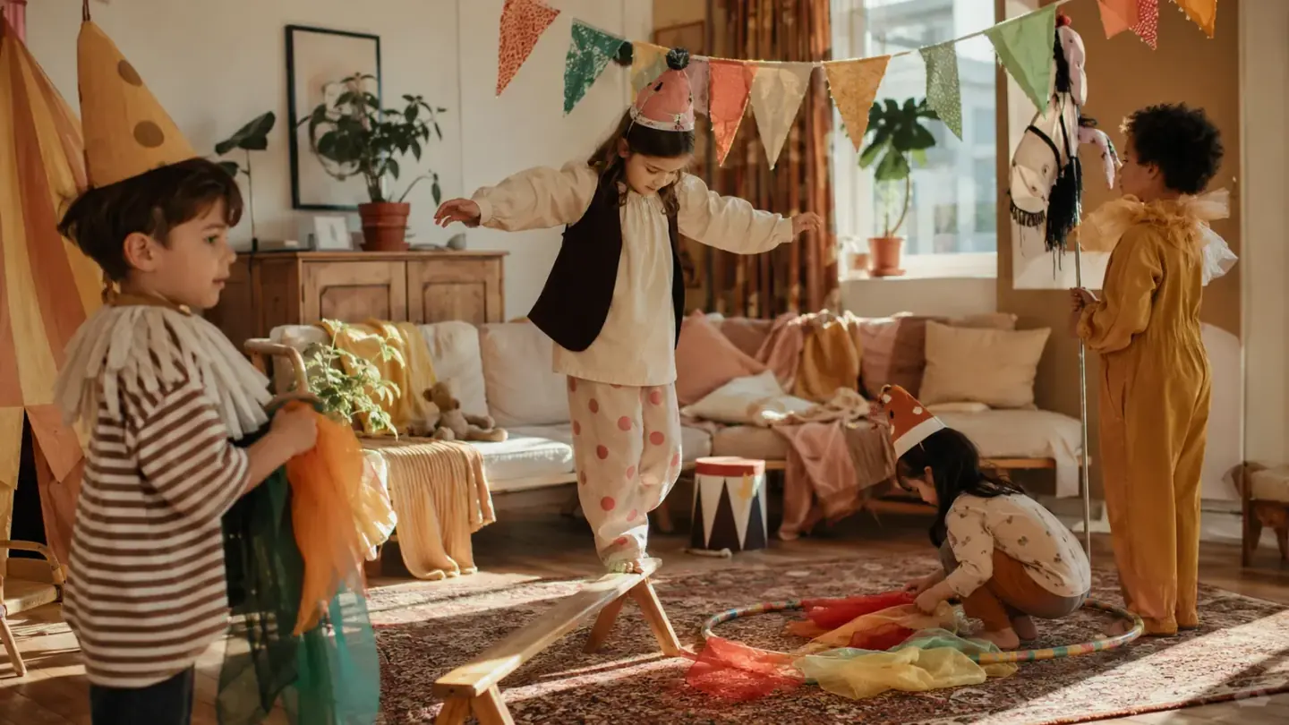 kinderen oefenen jongleren en balanceren in een piste van touw in de tuin, rood en geel