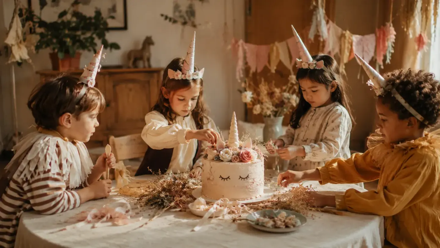 kinderen maken regenboog-hoorntjes aan tafel, pastelkleurig papier en linten