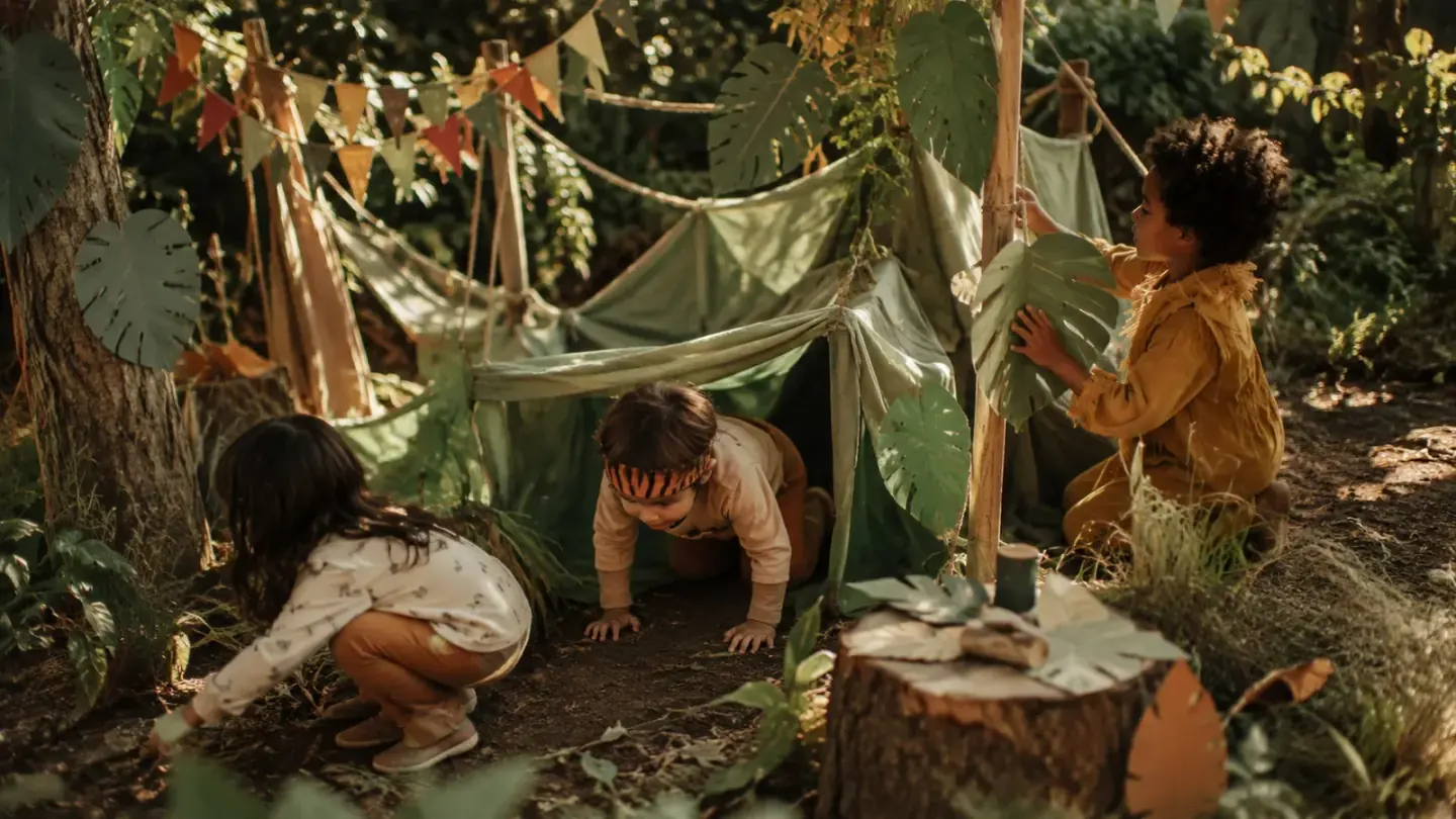 kinderen kruipen door een jungleparcours van planten en groene doeken in de tuin