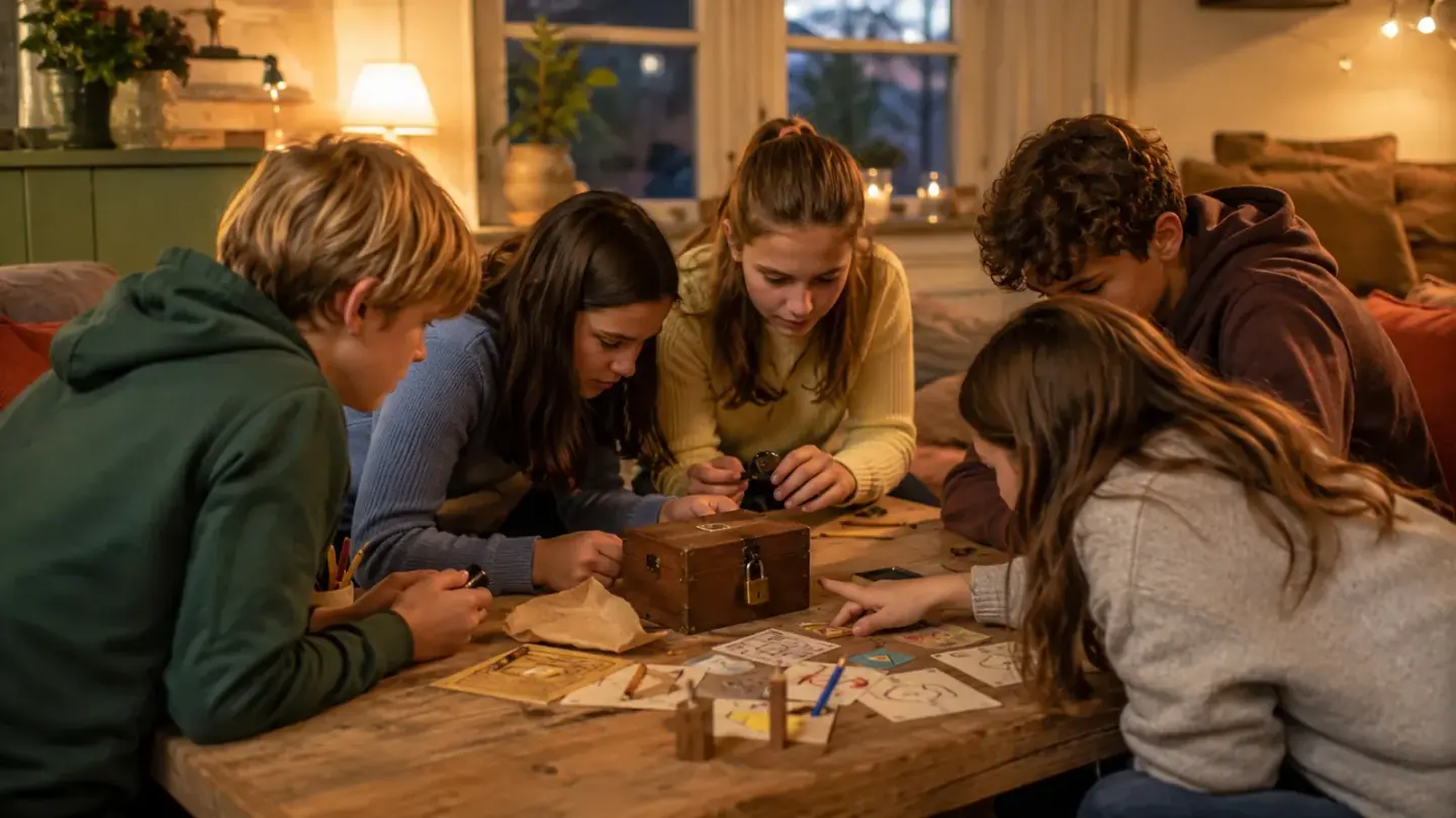 twaalfjarigen zitten samen buiten met pizza en een speaker, avondlicht