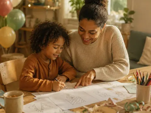 Ouder plant een kinderfeestje met lijstje en agenda