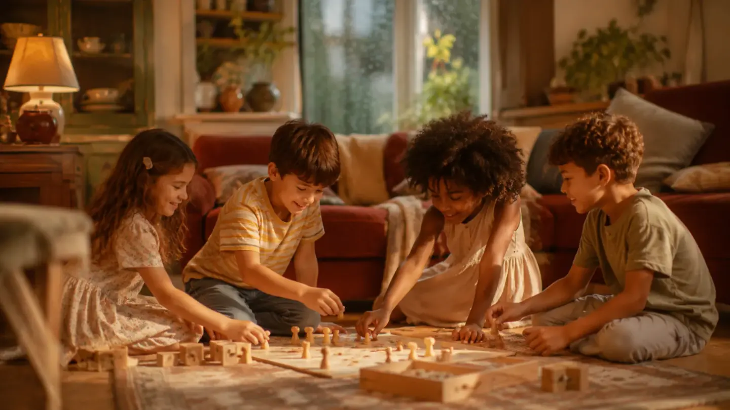 Kinderen in prinsessenjurken spelen samen tijdens een prinsessenfeestje