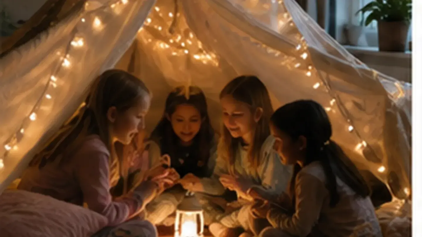 kinderen in pyjama met kussens en lichtjes op de vloer, warm avondlicht