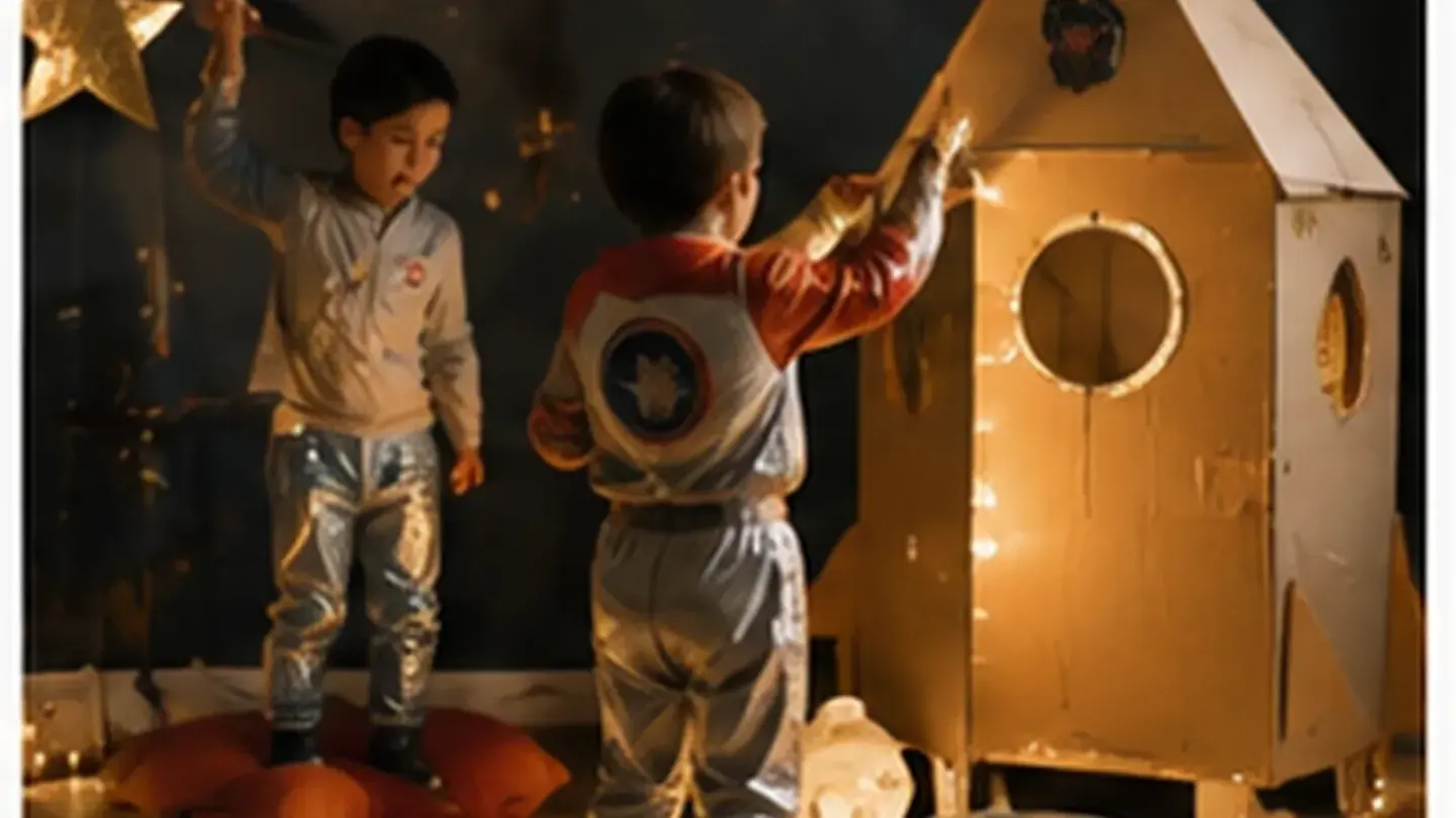 kinderen bouwen een raket van karton, donkere ruimte met lichtjes en sterren