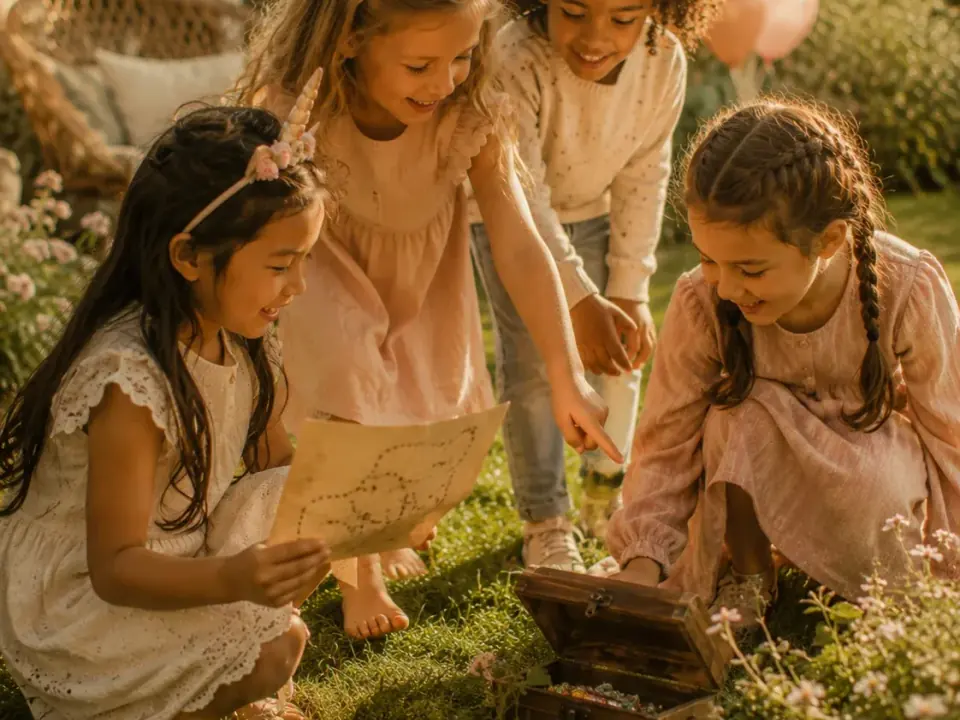 Kinderen zoeken met een schatkaart naar een schatkist tijdens een piratenfeestje