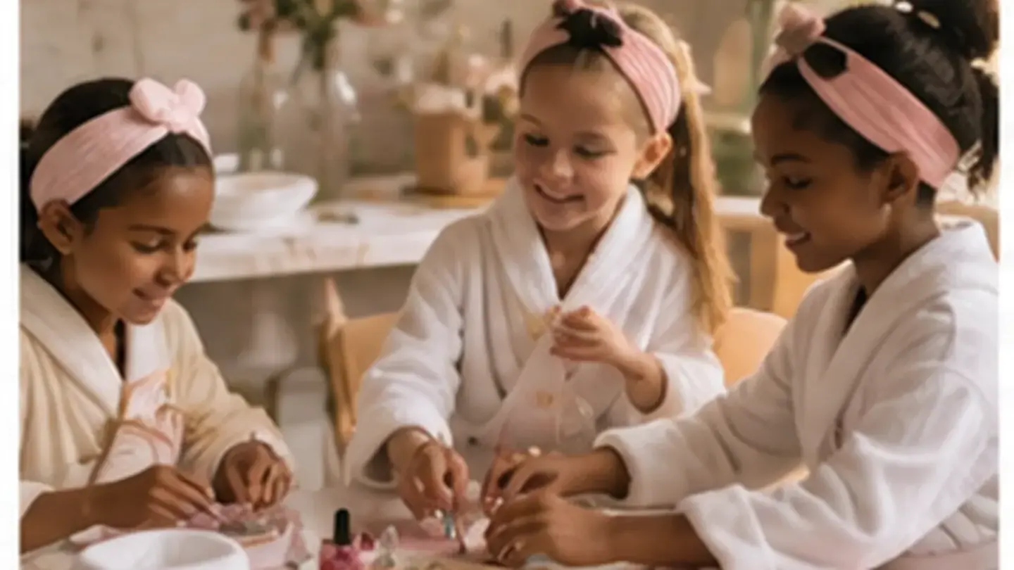 kinderen in badjassen met komkommerschijfjes en handdoeken op een gedekte tafel, warm licht