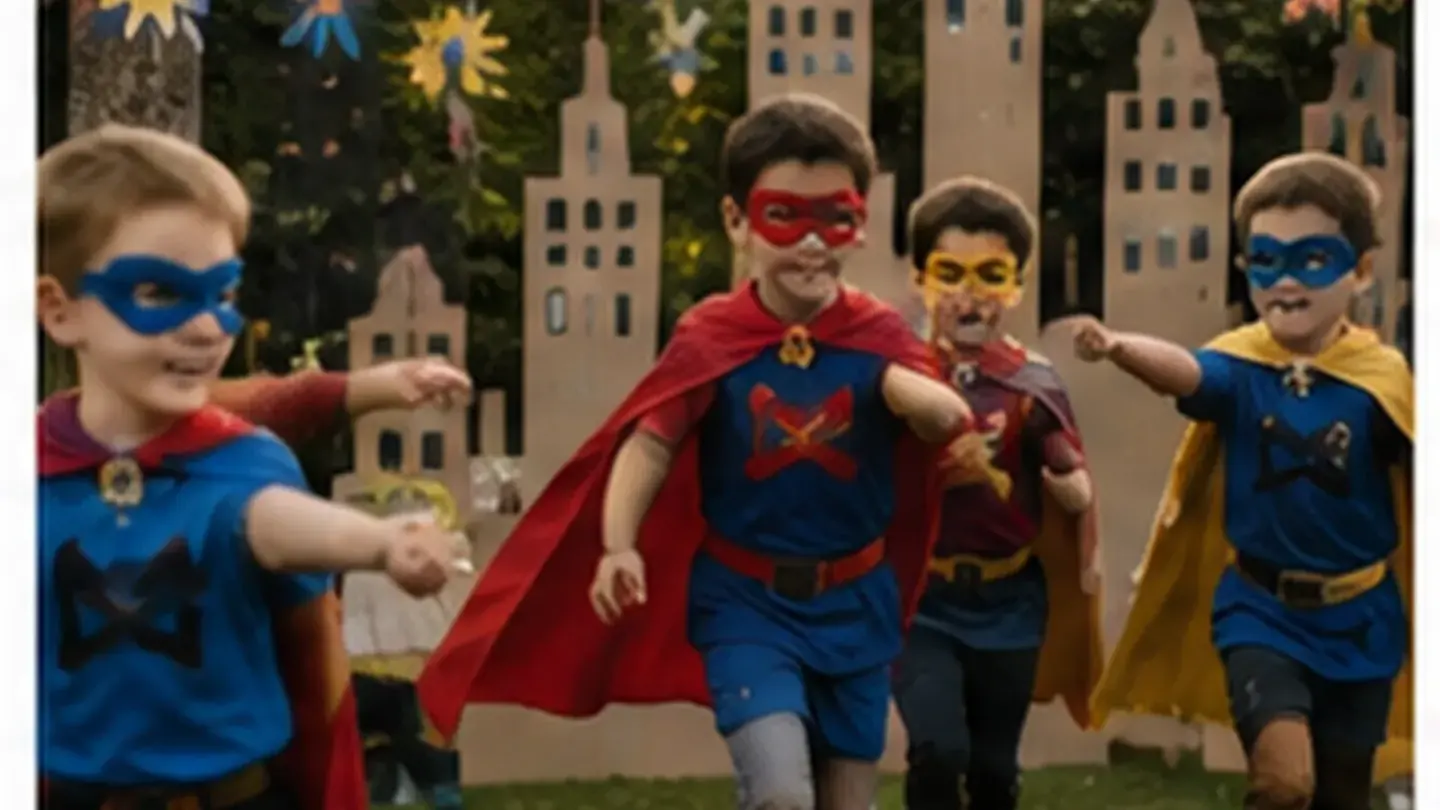 kinderen met zelfgemaakte capes doen een hindernisparcours in de tuin