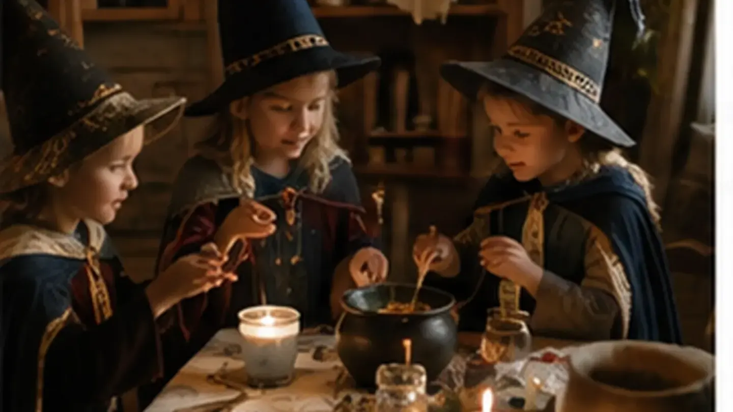 kinderen met zelfgemaakte toverstokken bij een dampende ketel op een donkere tafel met kaarslicht