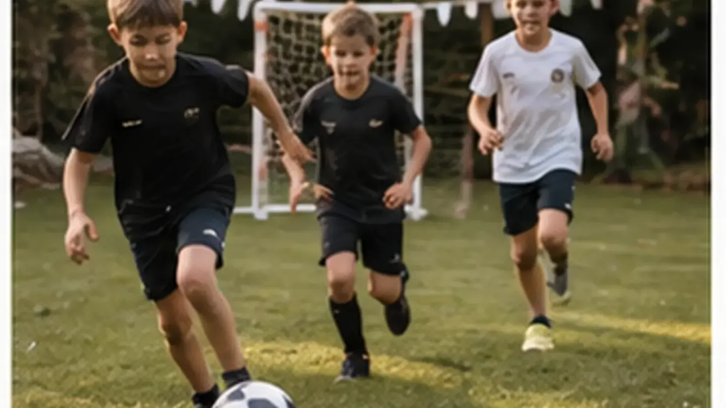 kinderen voetballen in de tuin met pylonen en een klein doel, late middagzon