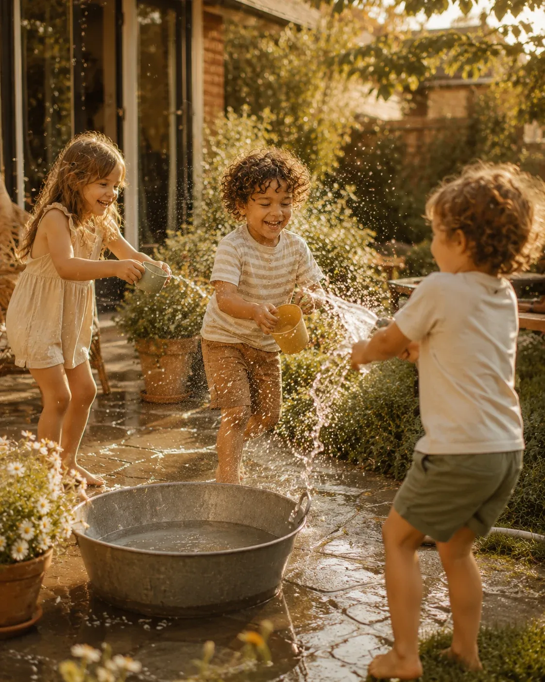 Kinderen spelen met water in de tuin